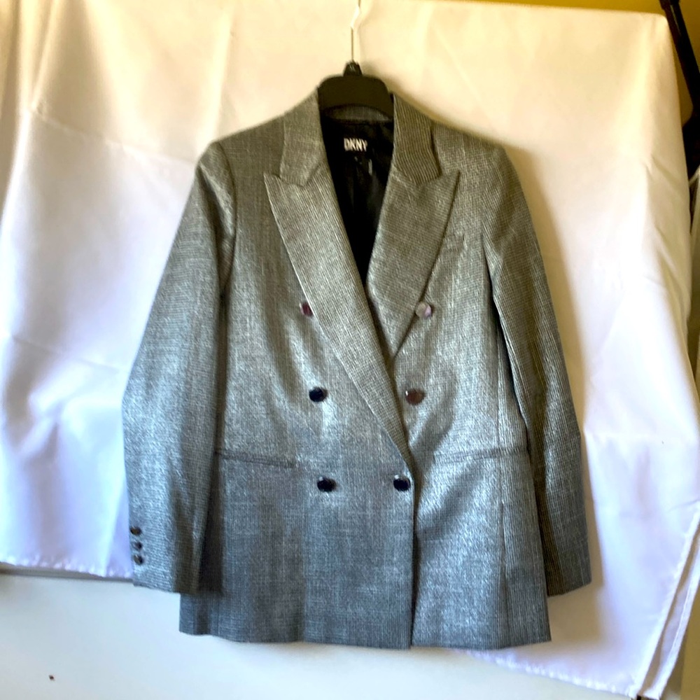 Stunning Designer DKNY Tweed Double Breasted Blazer black and silver tweed